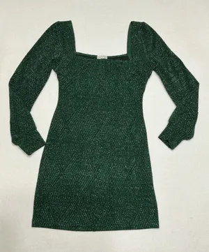Xtraordinary Womens M Green Metallic Glitter Puff Sleeve Mini Dress Holiday thumbnail 1
