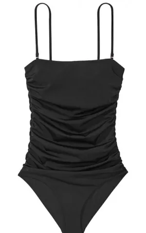 Solid Black Ruched Square Neck Cheeky One-Piece Swimsuit Size Medium thumbnail 1