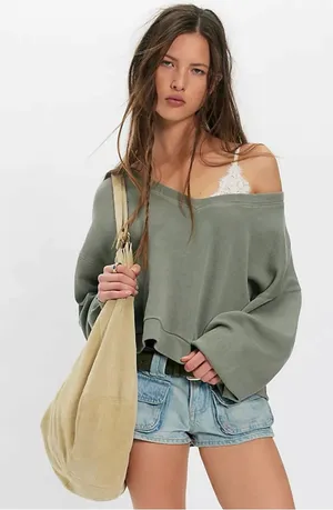 Free People Oversized Comfort Zone V Neck Pullover Sweatshirt Basil Medium NWT thumbnail 1