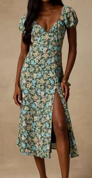 NEW Lulus Meadow Muse Green Floral Tie-Back Puff Sleeve Cottagecore Midi Dress thumbnail 1