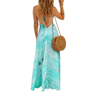 Tie Dye Print Lace-up Halter Open Back V Neck Maxi Dress, Size XL thumbnail 2