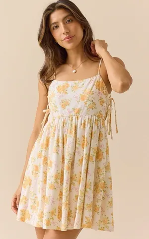 Altar'd State linen Floral Rose Bow Mini Dress Ivory‎ yellow Size large thumbnail 1
