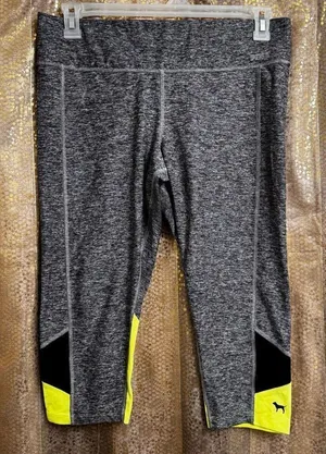 PINK Victorias Secret Yoga Gray Neon Green Black‎ Capri Leggings Pull On Large thumbnail 1