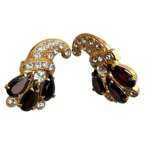 Gold-Tone Rhinestone & Deep Red Cabochon Clip-On Earrings thumbnail 4