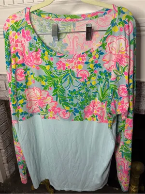 Lilly Pulitzer Pink & Aqua Floral Long Sleeve Finn Top Colorful Bright thumbnail 1