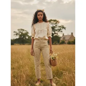 NWT‎ ZARA The Dreed Cropped Printed Flare Jeans Women's Size 4 Tan Cottagecore thumbnail 4