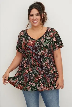 Torrid Black Floral Textured Stretch Rayon Babydoll Top Size‎ 0 L 12 NEW thumbnail 1
