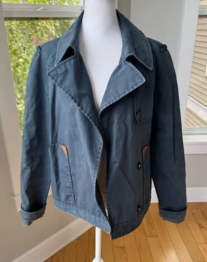 LACOSTE Navy Blue Cropped Waxed Canvas Trench Coat Utility Jacket Sz 40 thumbnail 1