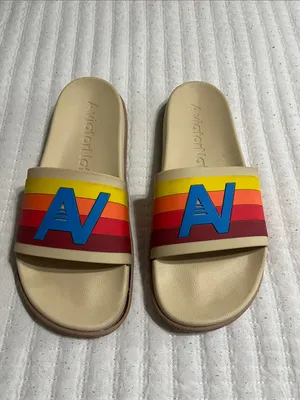 Aviator Nation Beige Slide Sandals with Rainbow Stripes and Blue Logo thumbnail 3