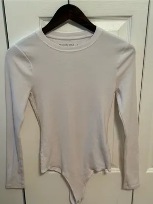 Abercrombie & Fitch Soft A&F Essentials Crewneck Ribbed Bodysuit in White thumbnail 2