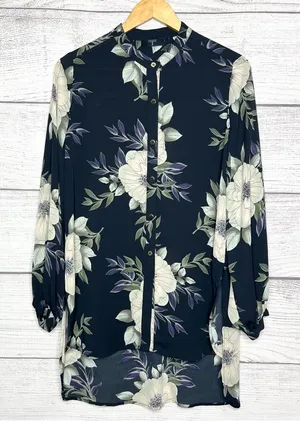 Tahari Black Floral Long High Low Shirttail Hem Button-Up Blouse Top Size Medium thumbnail 1