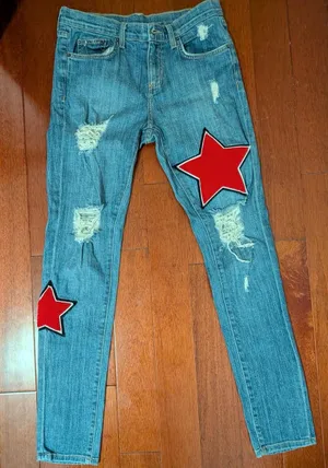 Carmar Women’s Distressed Blue Jeans with Red Star Patches thumbnail 1