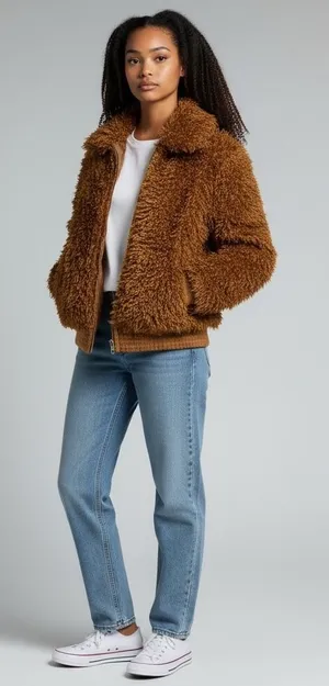Wild Fable Teddy Faux Fur Jacket Brown Bomber Full Zip Warm Cozy‎ thumbnail 1