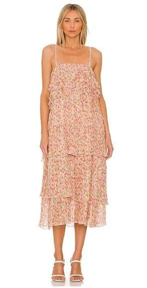 Something Navy Dress Floral Pleated Tiered Cream Multi Maxi Midi Garden Party thumbnail 1