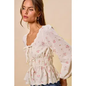 SO ME Floral Clip Dot Lace Trim Ruched Bodice Blouse - White - Medium thumbnail 4