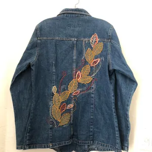 Unique 2000s Y2K Navy blue Embroidered jean denim fitted jacket floral leaf design #boho #hippie #indie #western Excellent condition, measurements in pics 100% cotton thumbnail 5