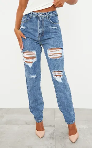PRETTYLITTLETHING Mid Blue Ripped Mom Jeans thumbnail 2