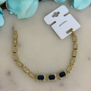 14K Gold Plated XP Link Bracelet Blue Faux Sapphire Emerald Cut Halo 7.25 Inch thumbnail 2