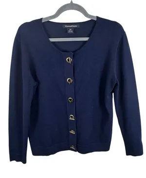 Karson & Taylor Navy Blue Toggle Front Cardigan Sweater Gold Old Money Medium thumbnail 1
