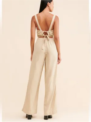 Free People Call On Me Tan Linen Blend Zip Front Wide Leg Jumpsuit Size XL thumbnail 2