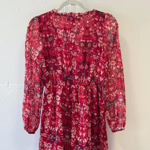 Loft Red Floral‎ Swiss Dot Midi Dress Long Sleeve Button Front V-Neck XS Red thumbnail 5