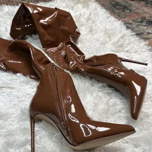 Steve Madden Viktory Cognac Patent faux leather sock Over The Knee 4” Stiletto Heel Boots Size 8M Excellent condition-worn once thumbnail 3