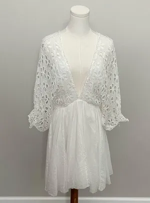Free People One Dress Bella Note Eyelet Flower Babydoll Whimsical Boho White thumbnail 5