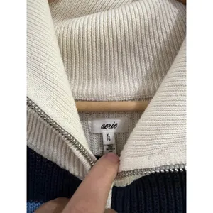 Aerie Oversized Quarter Zip Striped Cotton Sweater XL Navy Blue Cream Slouchy thumbnail 5