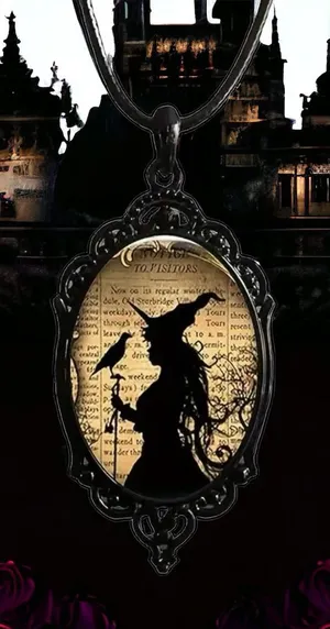 Witch And‎ Raven Cameo Black Pendant, Vintage Style Gothic Crow Glass Pendant thumbnail 1