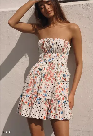Anthropologie Somerset Strapless Mini Dress Floral Polka Dot Smocked Neutral S thumbnail 1