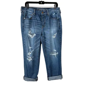 American Eagle Boy Crop Jeans Women's 10 Distressed Medium Wash Baggy Relaxed thumbnail 4