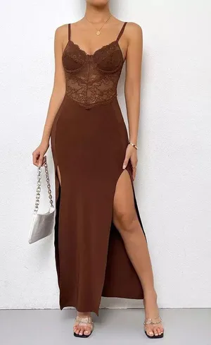Sexy Brown Spagetti Lace Bustier Long Slit Maxi Bodycon Valentine Day Sexy Dress Mesh Lace Nwot Bodycon thumbnail 2