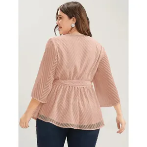 Bloomchic Geometric Mesh Surplice Neck Belted Ruffles Blouse Sheer Pink 12 thumbnail 3