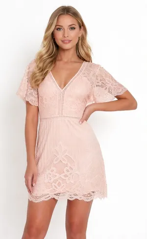 Boohoo Peach Lace Mini Dress Size‎ 10 V-Neck Sheer Sleeve Romantic thumbnail 1
