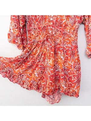 IRO Rhodey Frayed Ruffle Trim Crepe Playsuit 44 Red Romper Floral 12 Loose Fit thumbnail 10