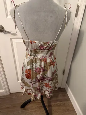 Shore Tie-Shoulder Floral Mini Dress in White with Orange & Pink Print, Sz S thumbnail 2