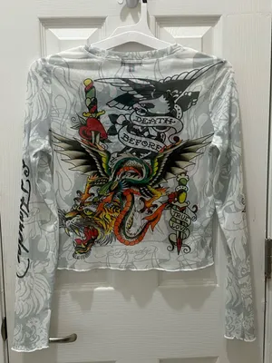 Ed Hardy Dragon Dagger white mesh long sleeve crop top Large Y2K thumbnail 12