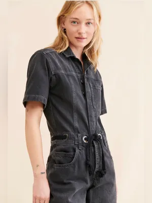 NWT Free People Edison Wide Leg Coverall Moxie Black Denim Jumpsuit XL thumbnail 4