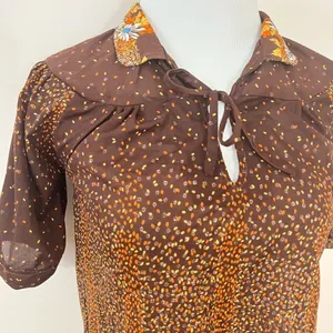 Vintage 70’s Cottagecore Brown Floral Short Sleeve Peasant Top S thumbnail 2