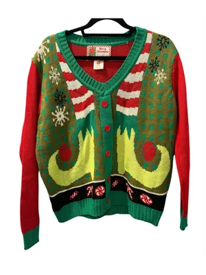 Elf Body Ugly Christmas Cardigan Sweater Women's Size XL Knit Holiday Peppermint thumbnail 1