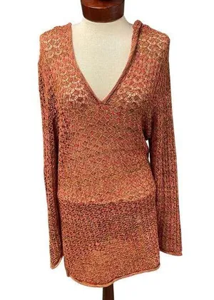 Coldwater Creek Hooded Sweater Size Medium Orange Loose Knit Cover Up Tunic thumbnail 1