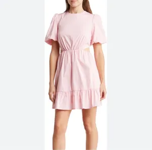 This WAYF puff sleeve wayf dress features a light blue color and side cutouts. thumbnail 3