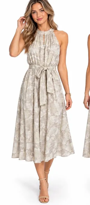 Prologue Midi Dress Womens Small Beige Floral Halter Neck Sleeveless Belted Boho thumbnail 1