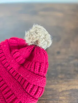 Crush Berry Red Stretchy Knit Beanie Hat Pom Pom Winter Cozy Warm thumbnail 3