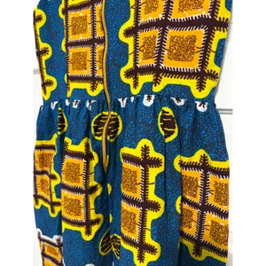 African Wax Print Fit and Flare Dress Blue Yellow Geometric Square Neck thumbnail 10