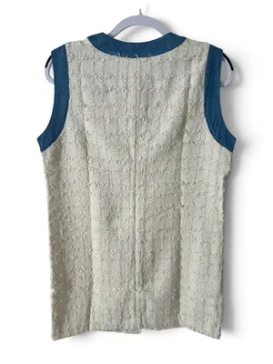 Heyson Cream Tweed Button-Front Sleeveless Dress with Blue Trim thumbnail 2