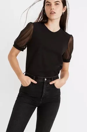 Madewell Black Sheer Sleeve Knit Top Size Medium thumbnail 1
