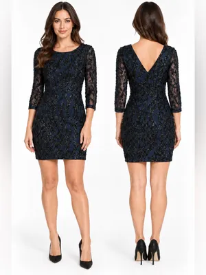 Aidan Mattox Size 10 Navy Blue Black Sequin Bodycon Cocktail Dress thumbnail 2