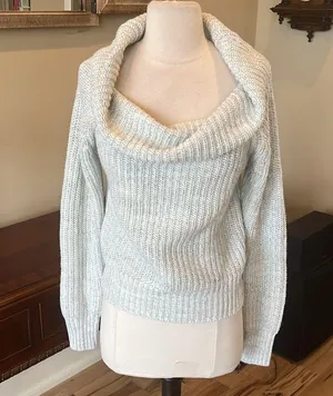 Oversized Cowl Drape Neck Light Gray Crochet Sweater Size XS thumbnail 5