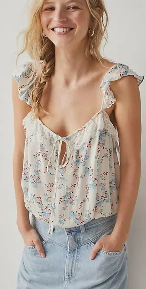 NWT $68 Free People Ivory Combo Take It Away Floral Tie-Front Lace Bodysuit S thumbnail 1